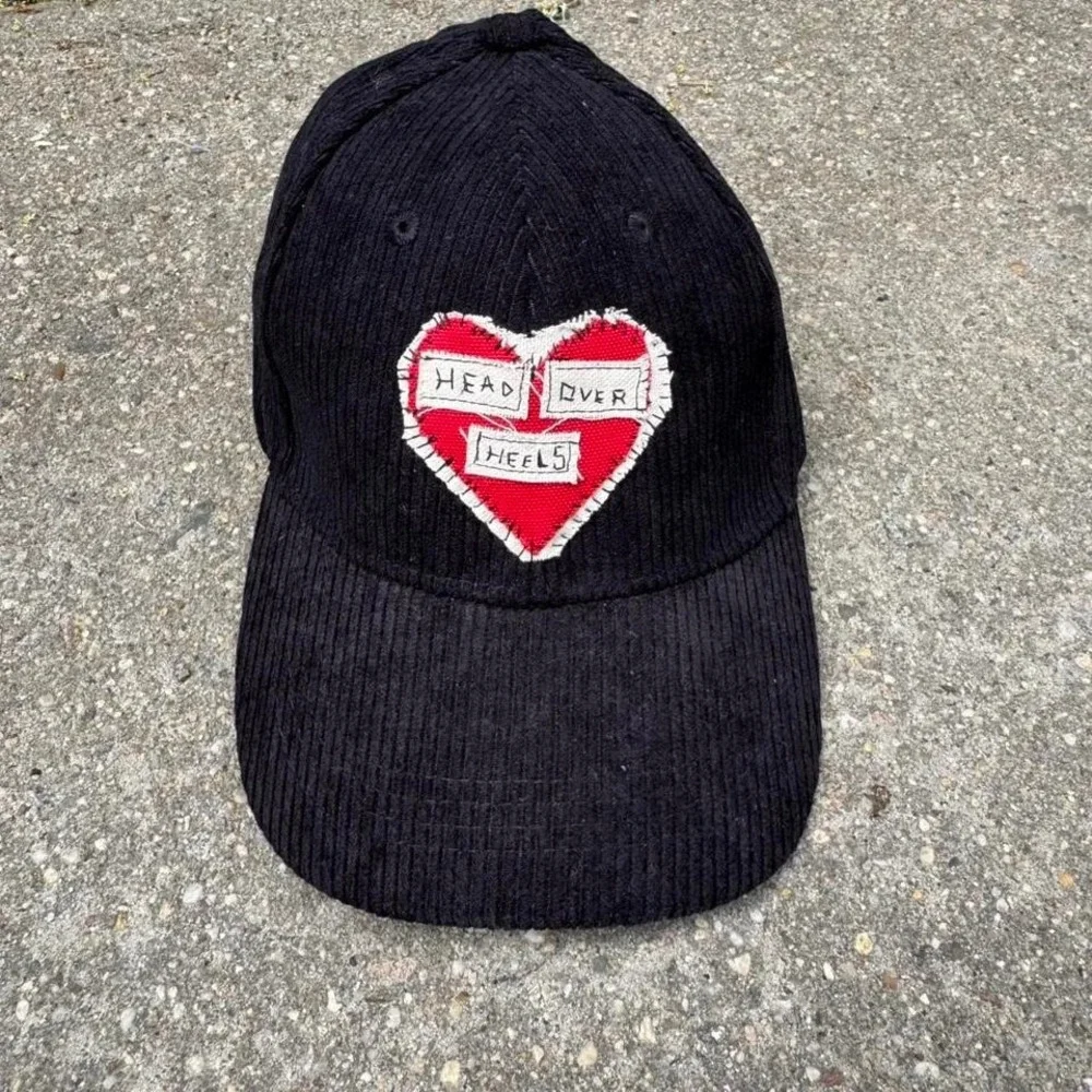 Black Embroidered Baseball Cap Corduroy Head Over Heels Red White Punk Handmade